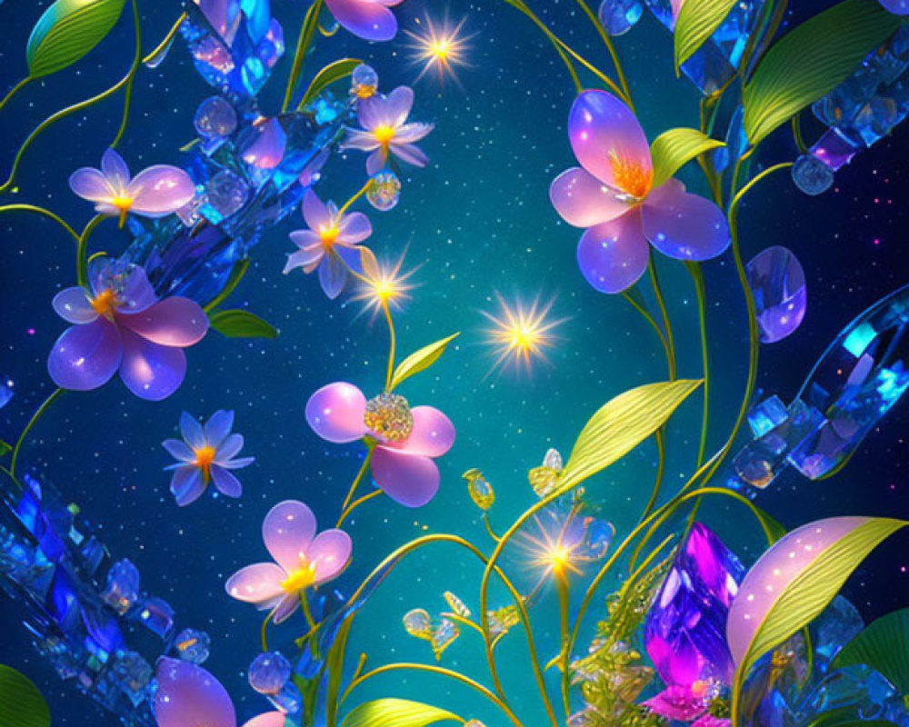 Colorful digital artwork: Flowers, crystals, dewdrops under starry night.