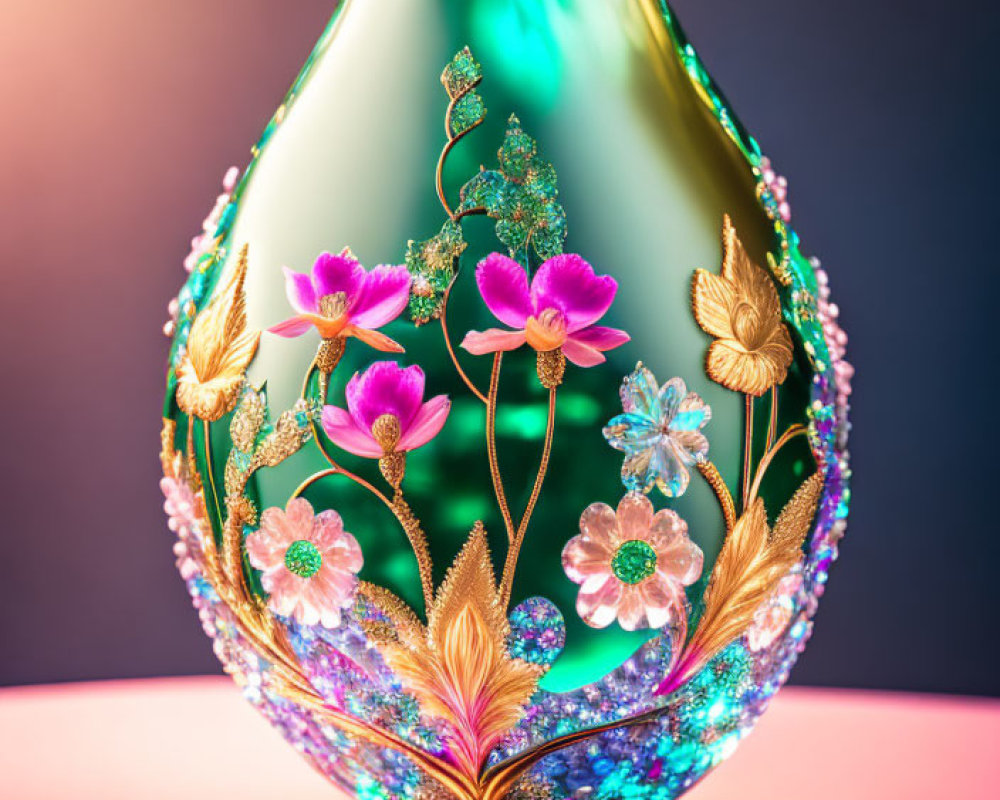 Pearlescent Decorative Vase with Floral Design in Pink, Green, and Gold