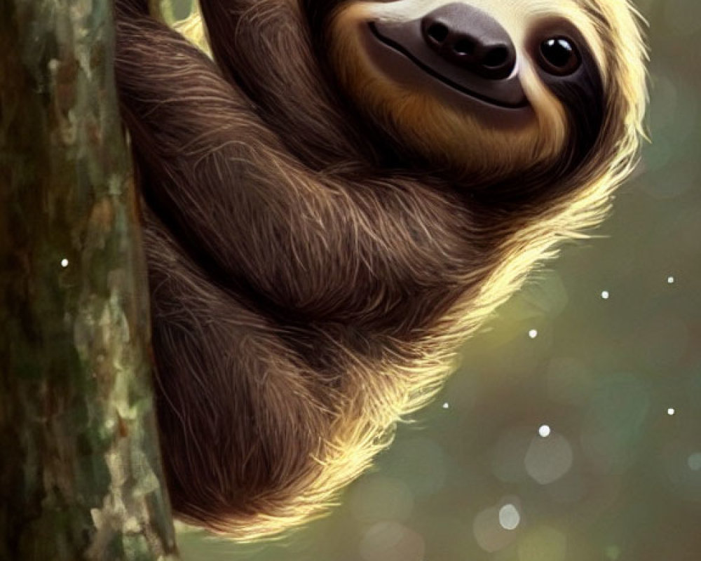 Smiling sloth hanging from tree with sunlit bokeh background