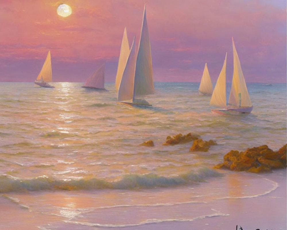 Sailboats on serene sea at sunset with pink and orange sky