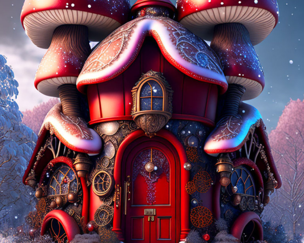 Whimsical mushroom-shaped house in snowy twilight landscape