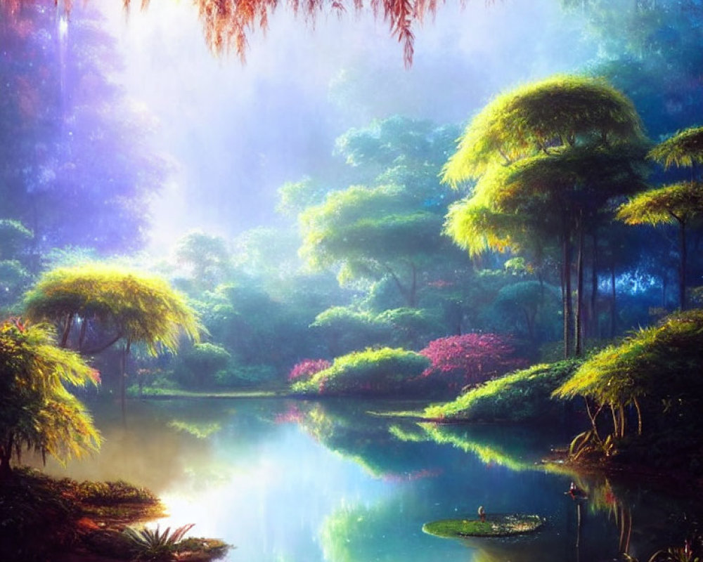 Vibrant Magical Forest Scene with Mystical Trees & Serene Pond