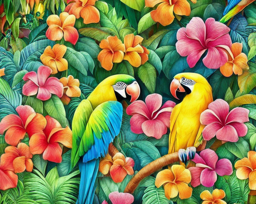 Colorful parrots in lush tropical setting with vibrant foliage and flowers