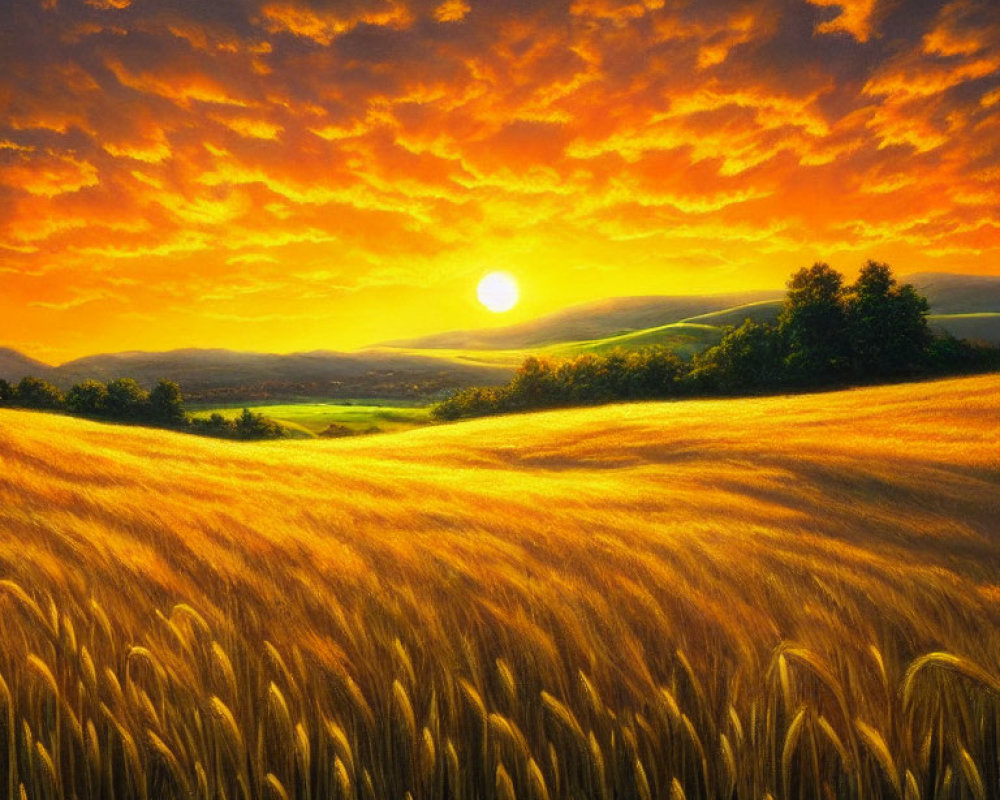 Golden sunset illuminates wheat field and rolling landscape