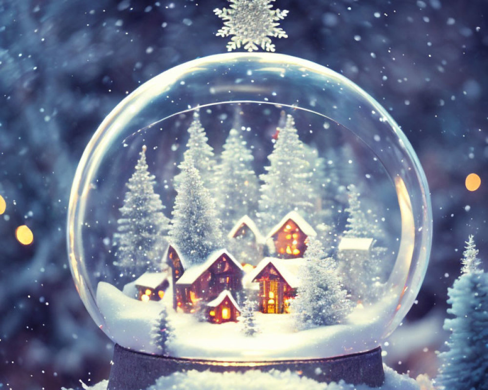 Snow Globe with Illuminated Miniature Houses and Snowflake Scene