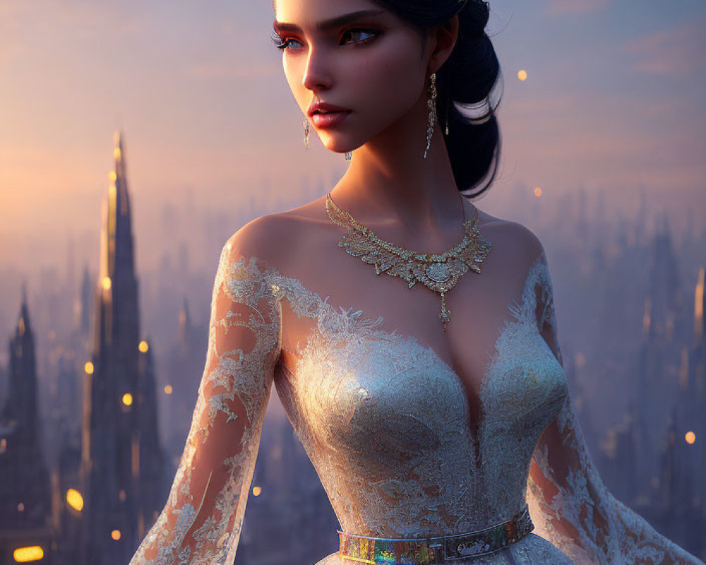 Detailed digital artwork: elegant woman in wedding gown, cityscape backdrop, twilight glow, floating lights.