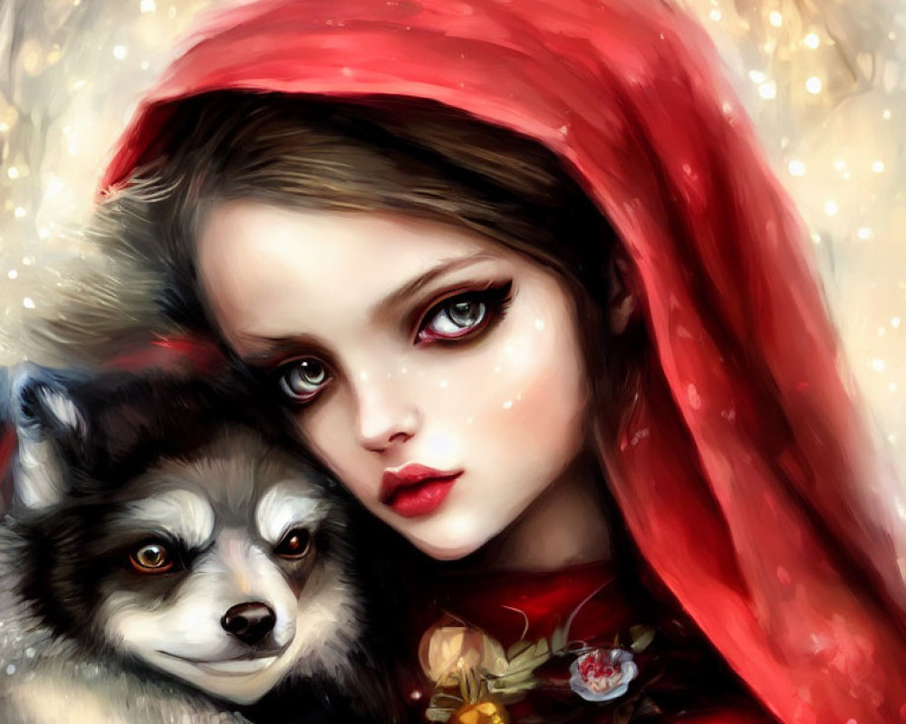 Girl in red hood embraces fluffy dog against fairytale backdrop