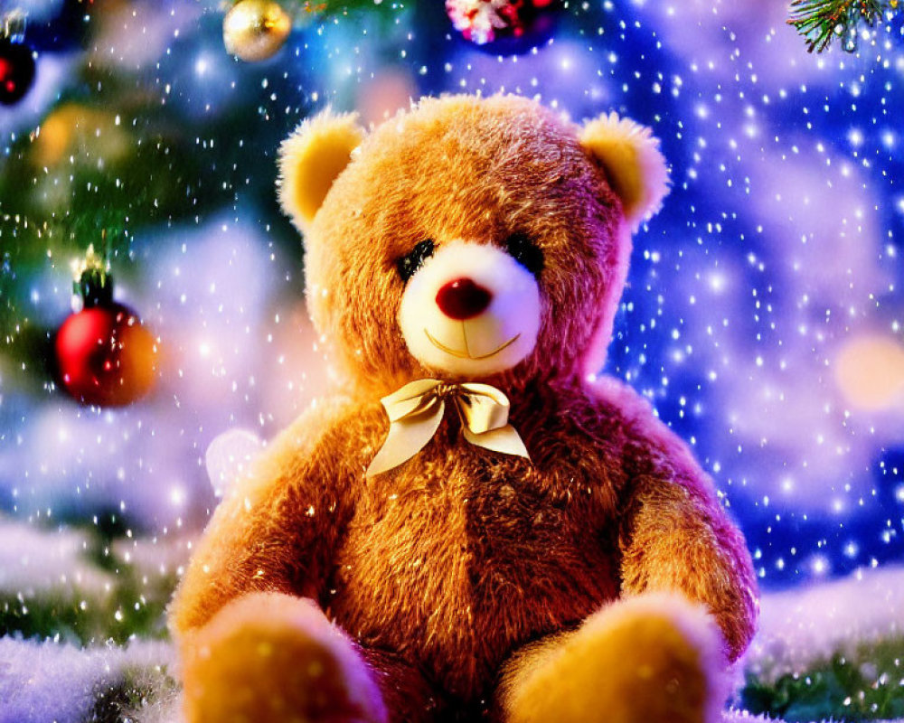 Plush Teddy Bear with Bow Tie in Festive Christmas Setting