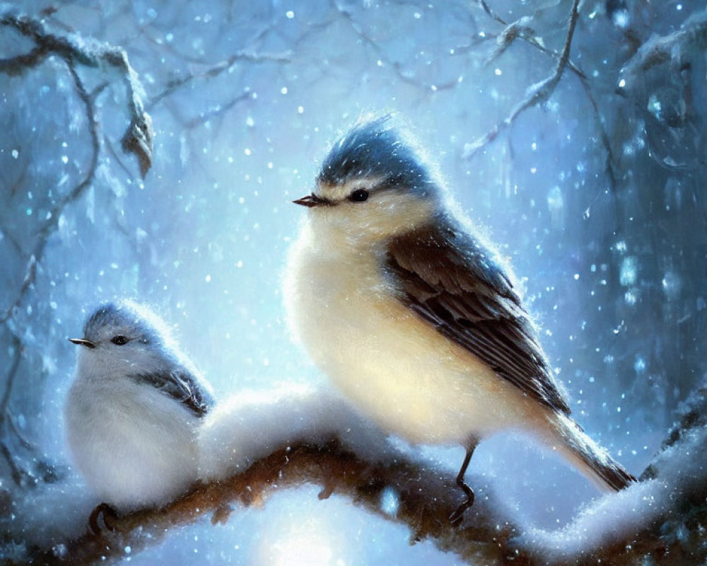 Two Birds Perched on Snowy Branch in Winter Scene