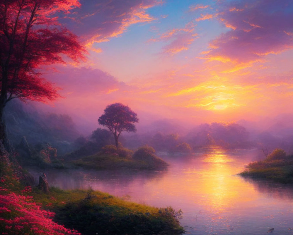 Tranquil riverscape at sunset with pink and orange skies and lush surroundings