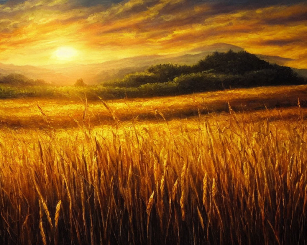 Golden wheat field under warm sunset with rolling hills and dramatic sky