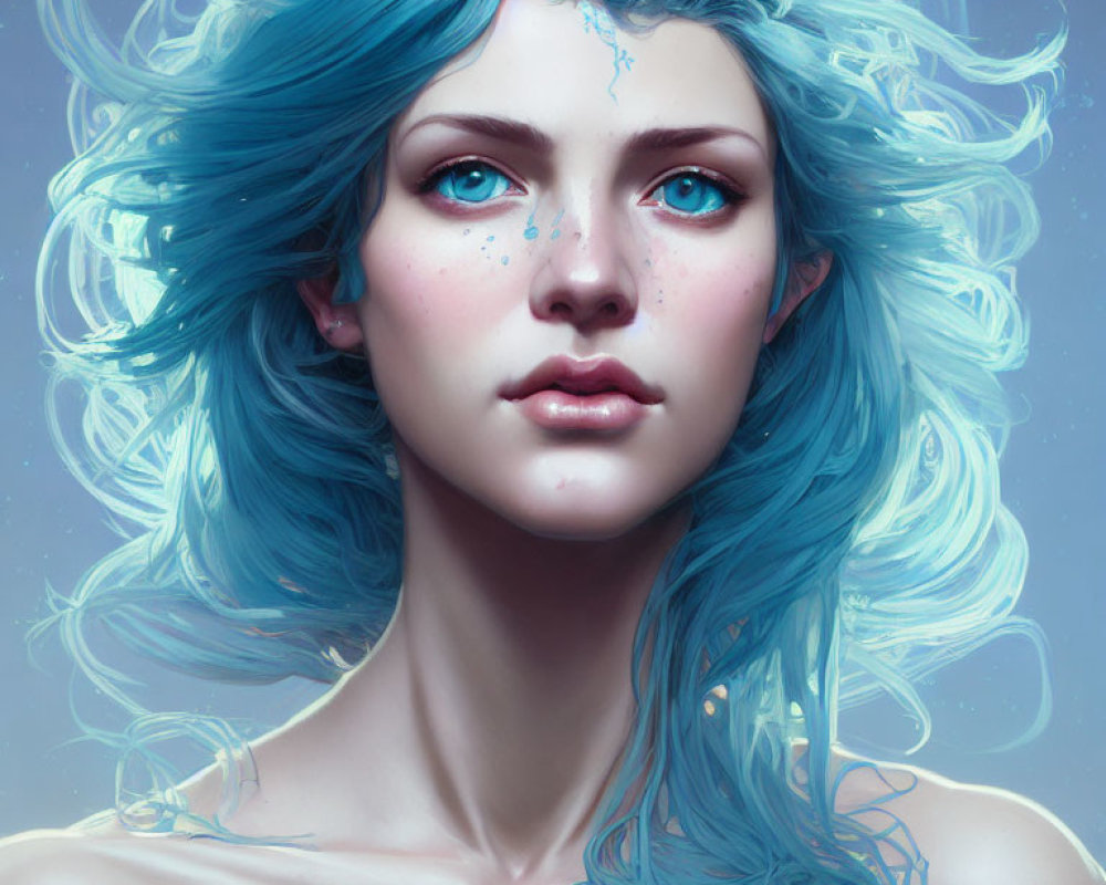 Portrait of Woman with Blue Hair, Blue Eyes, Freckles, and Crack Design