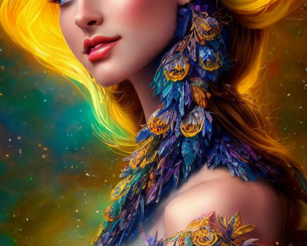 Colorful portrait of woman with golden hair and blue eyes against cosmic backdrop