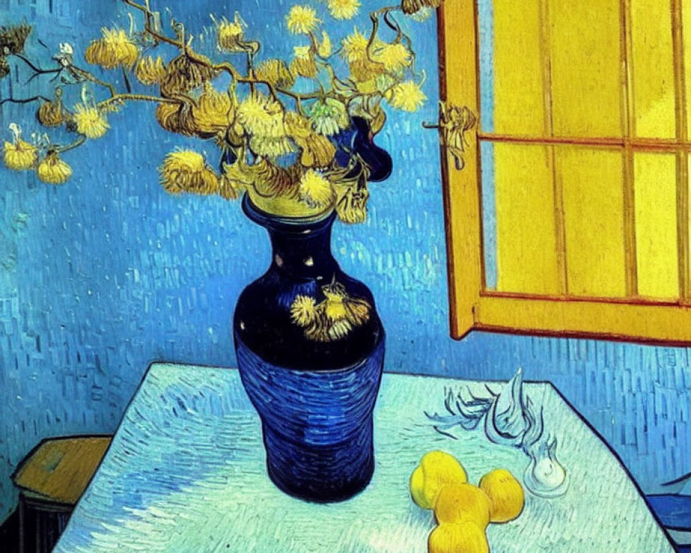 Colorful painting of yellow flowers in blue vase with fallen petal, stylistic brushstrokes,