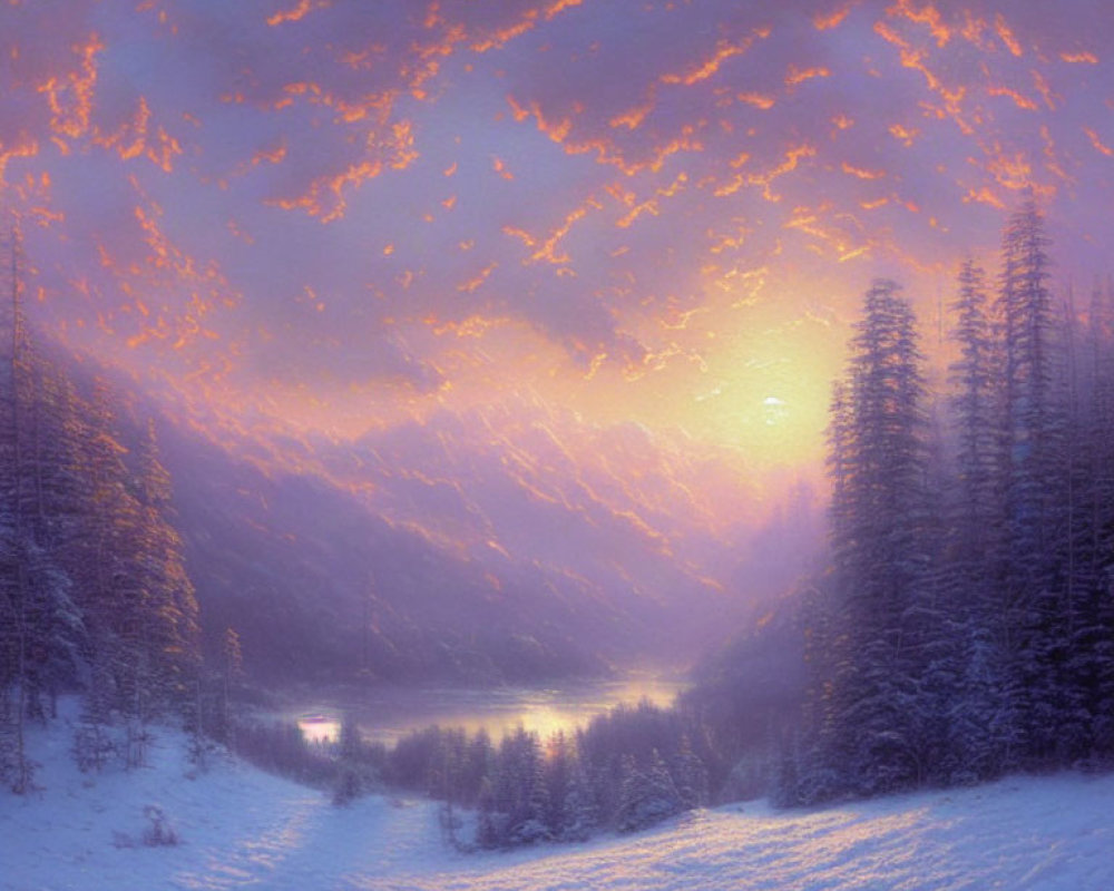 Snowy Winter Dusk: Tranquil Landscape with River and Evergreen Forests