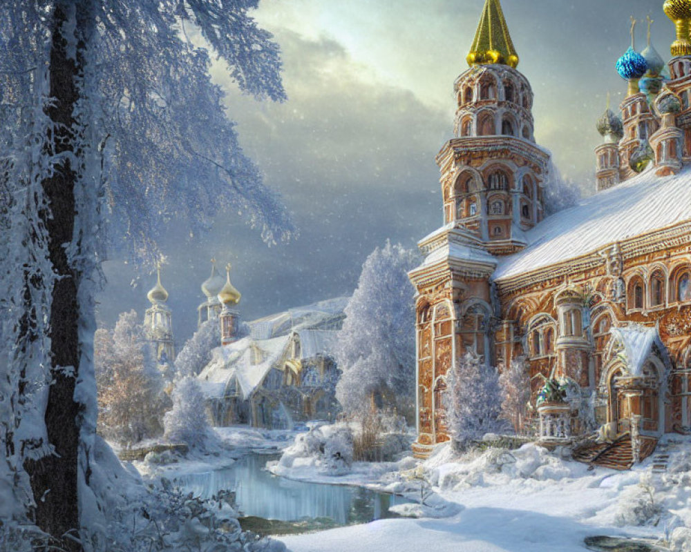 Snow-covered church with onion domes in wintry scene by frozen river