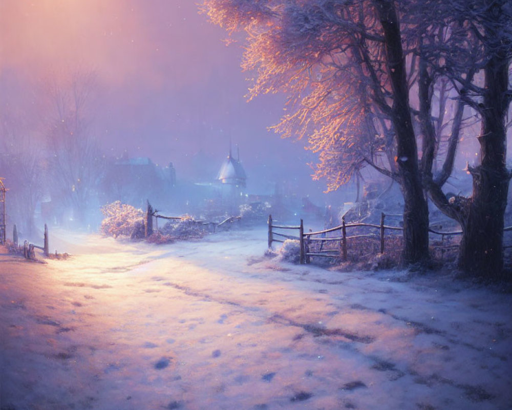 Snowy Dusk Landscape: Pink Sky, Bare Trees, Path to Illuminated Village