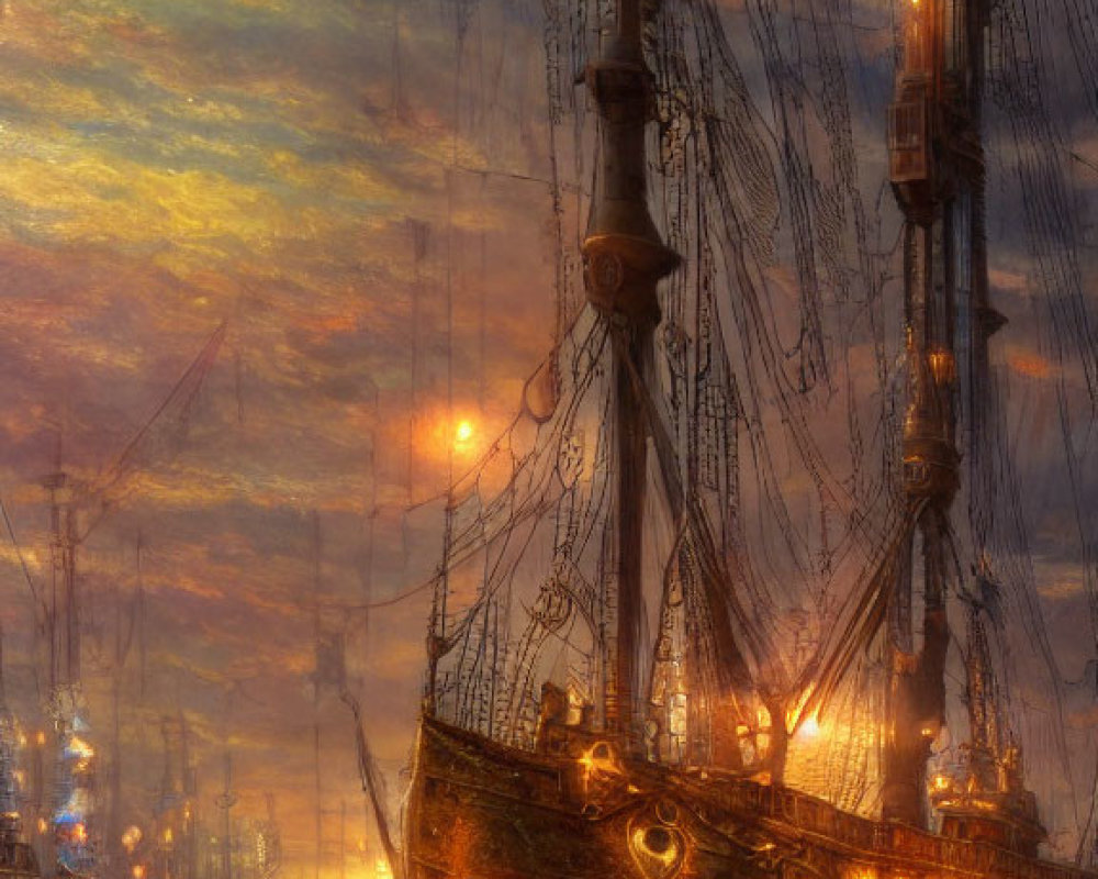 Ancient ship with lanterns in harbor at sunset