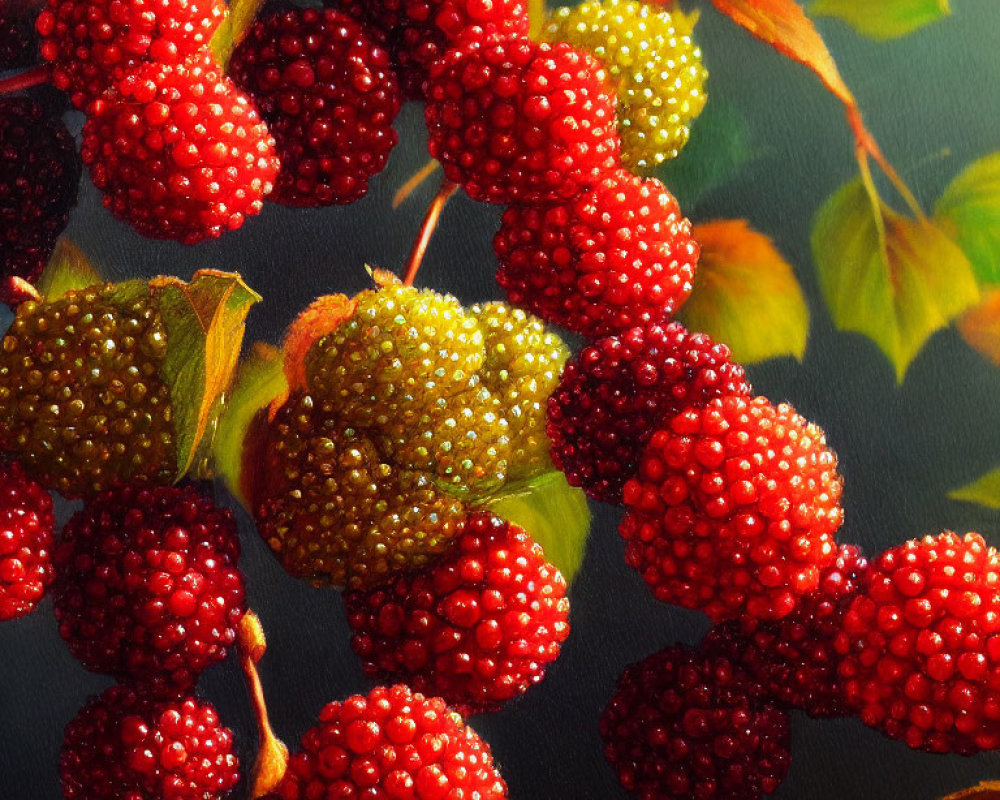 Vivid Red and Green Blackberries on Dark Background