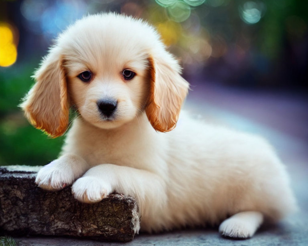 Golden Retriever Puppy Resting on Rock in Green Background