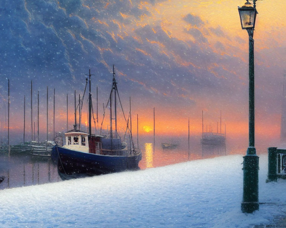 Snow-covered dock with moored boat at sunset, illuminated street lamp, tranquil water, boats in background