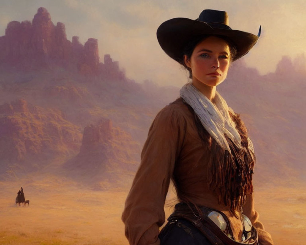 Woman in Western Attire in Desert Landscape at Sunset