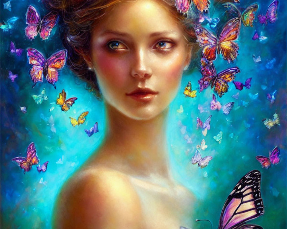 Colorful Painting of Young Woman with Butterflies in Hair