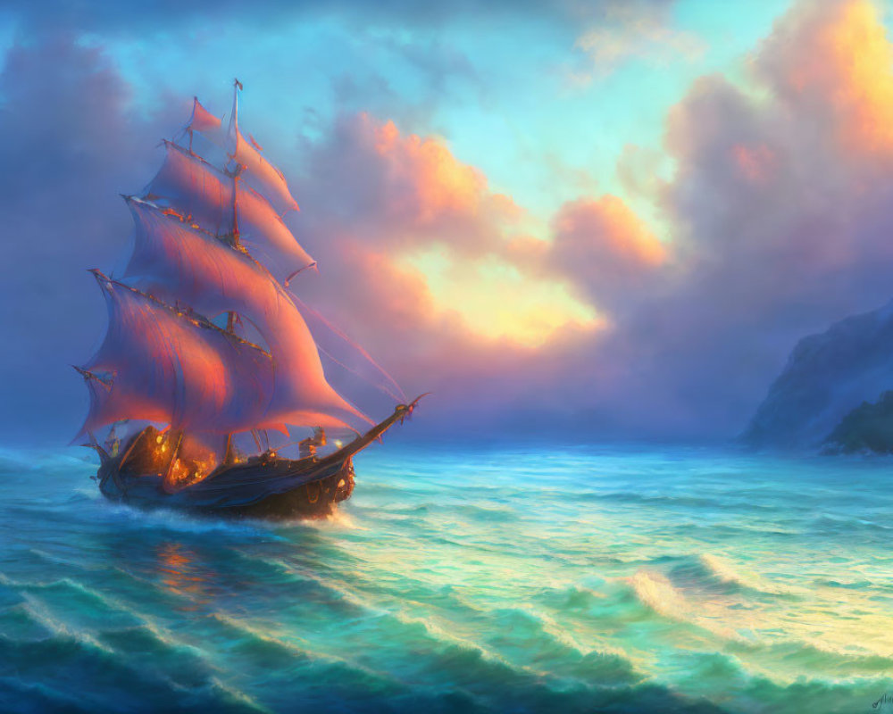 Majestic sailing ship on shimmering blue waters at sunset