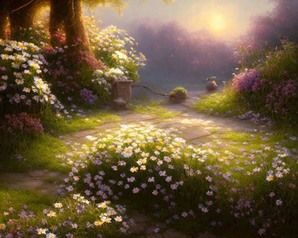 Tranquil garden path with lush flowers and sunlight