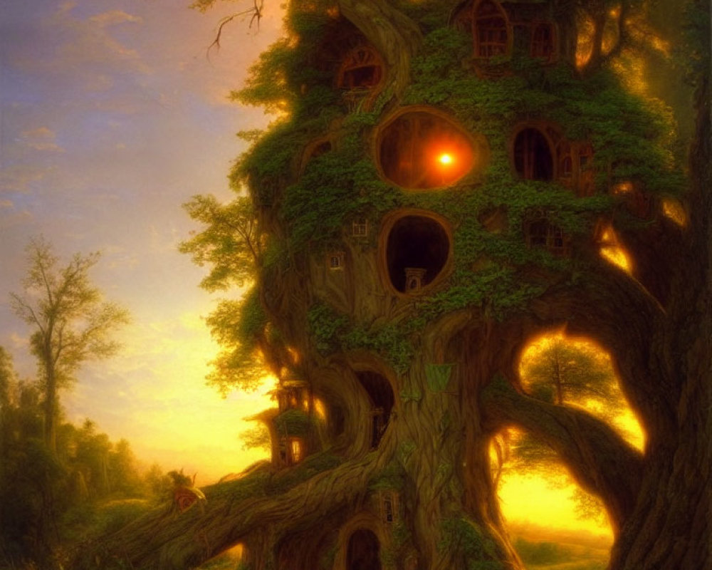 Mystical forest treehouse at sunset nestled in ancient tree