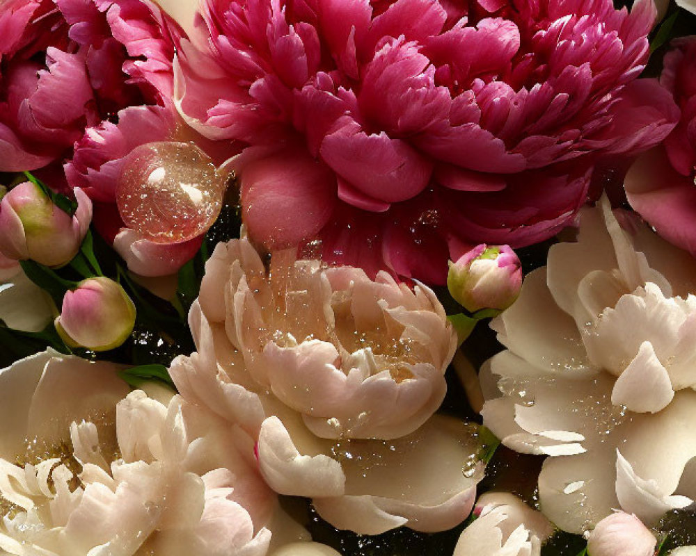 Close-Up of Pink and White Peonies with Water Droplets