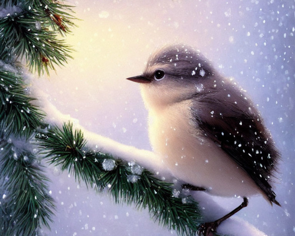 Beige and Brown Bird on Snowy Pine Branch in Winter