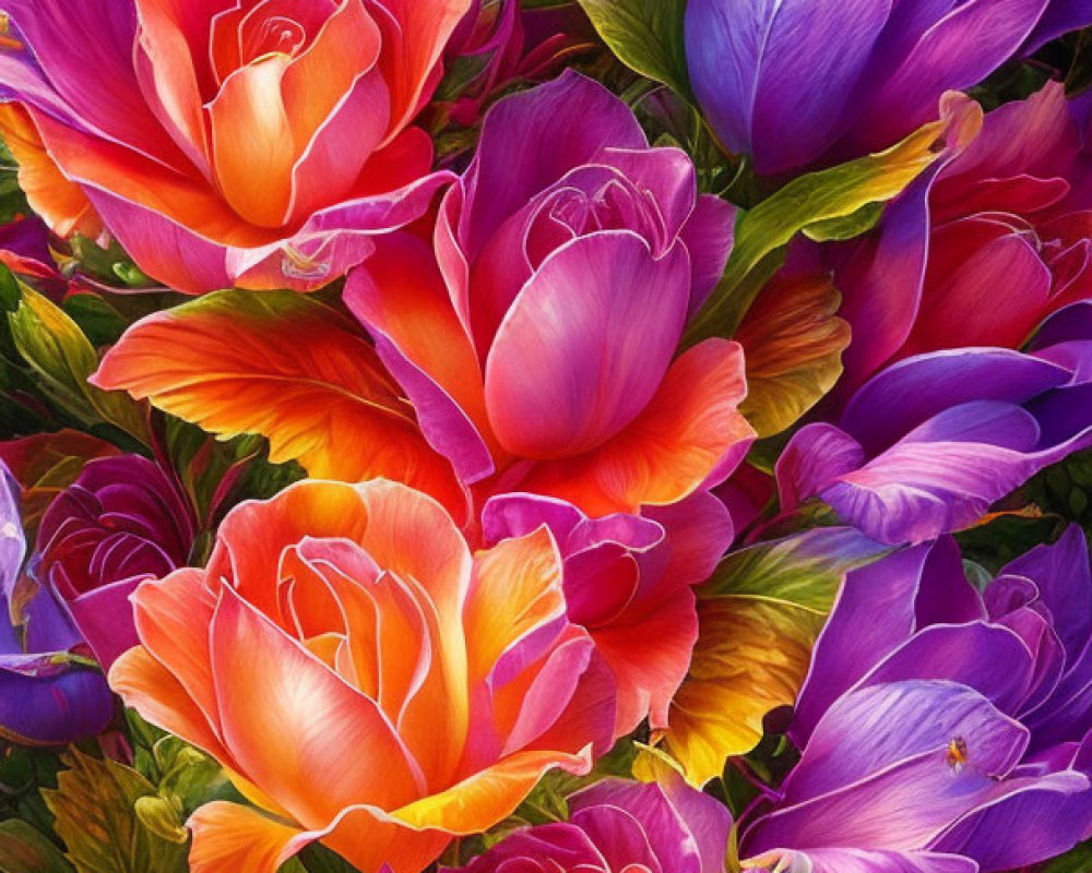 Colorful Floral Arrangement with Roses, Petals in Pink, Orange, Purple, Yellow