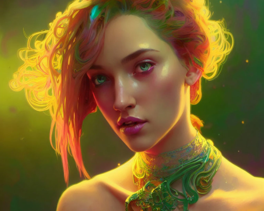 Vibrant digital portrait of a woman with colorful lighting and intricate neck jewelry