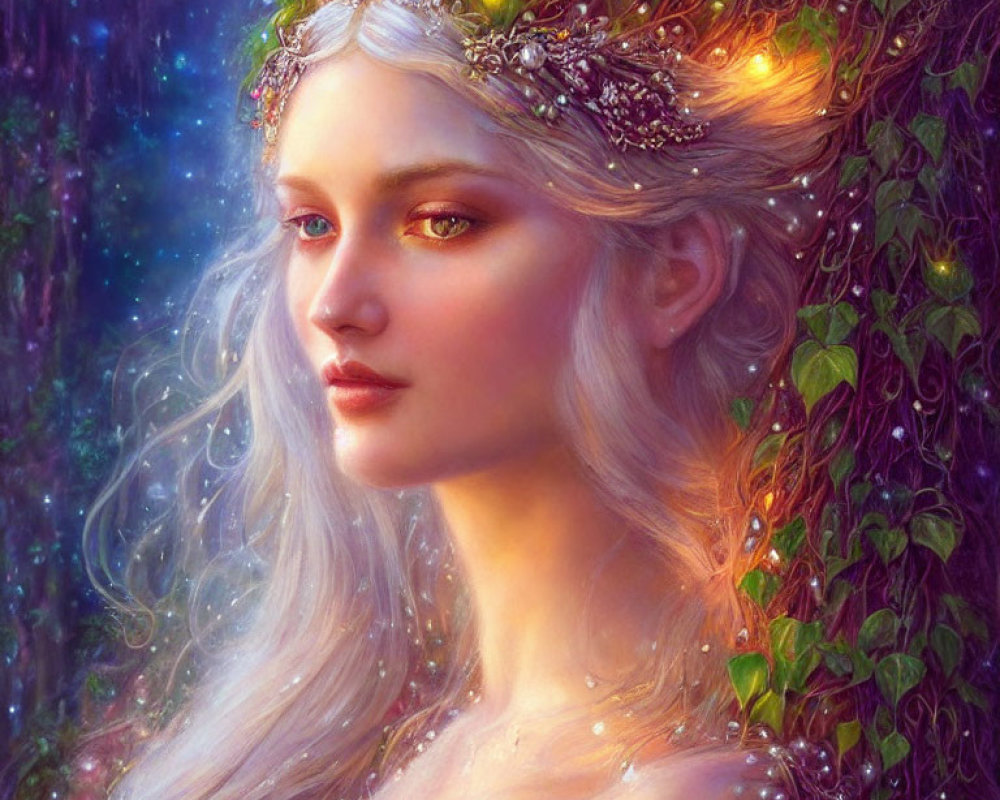 Fantastical portrait: Woman with long white hair, jeweled crown, mystical background