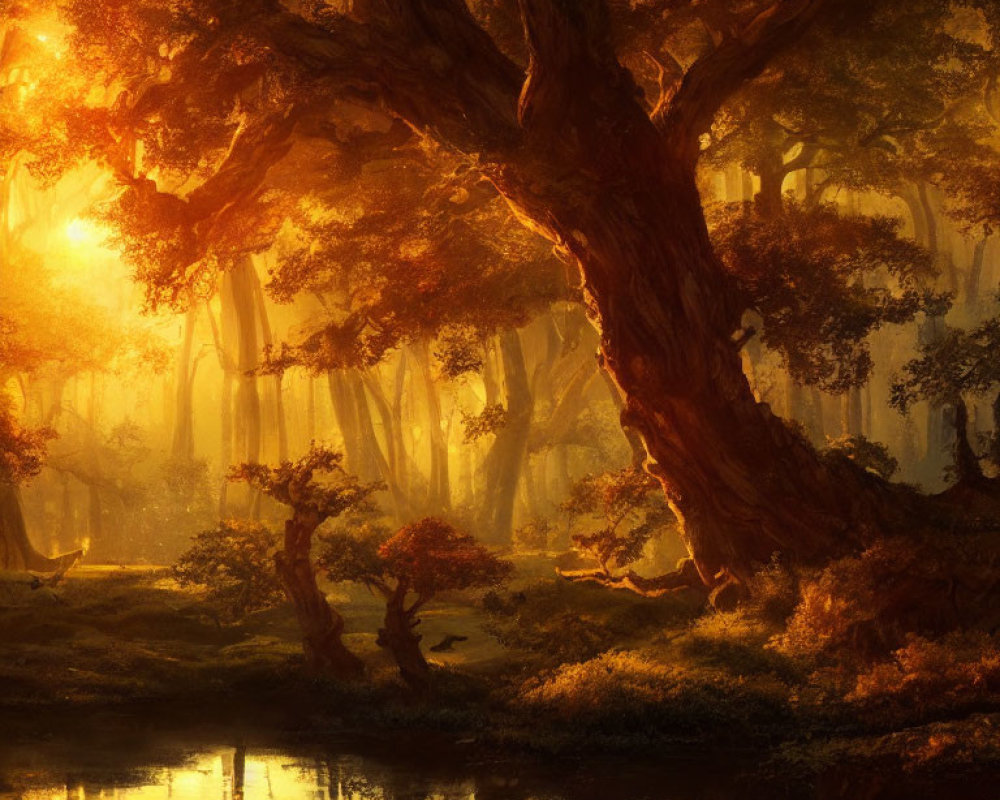 Ethereal forest scene with glowing tree leaves and serene river
