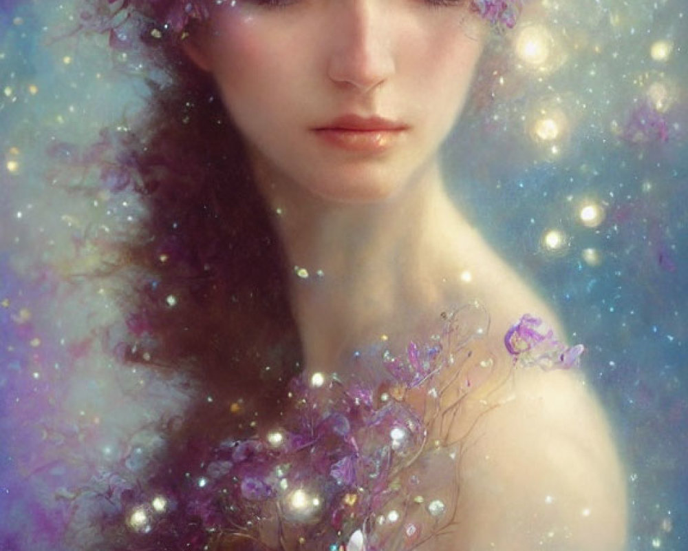 Serene woman with closed eyes and floral crown in celestial setting