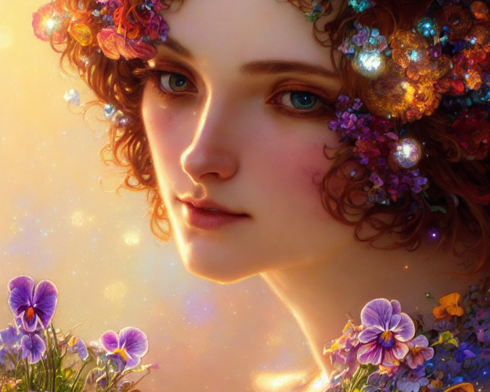 Woman with Curly Hair and Vibrant Flower Adornments in Ethereal Light