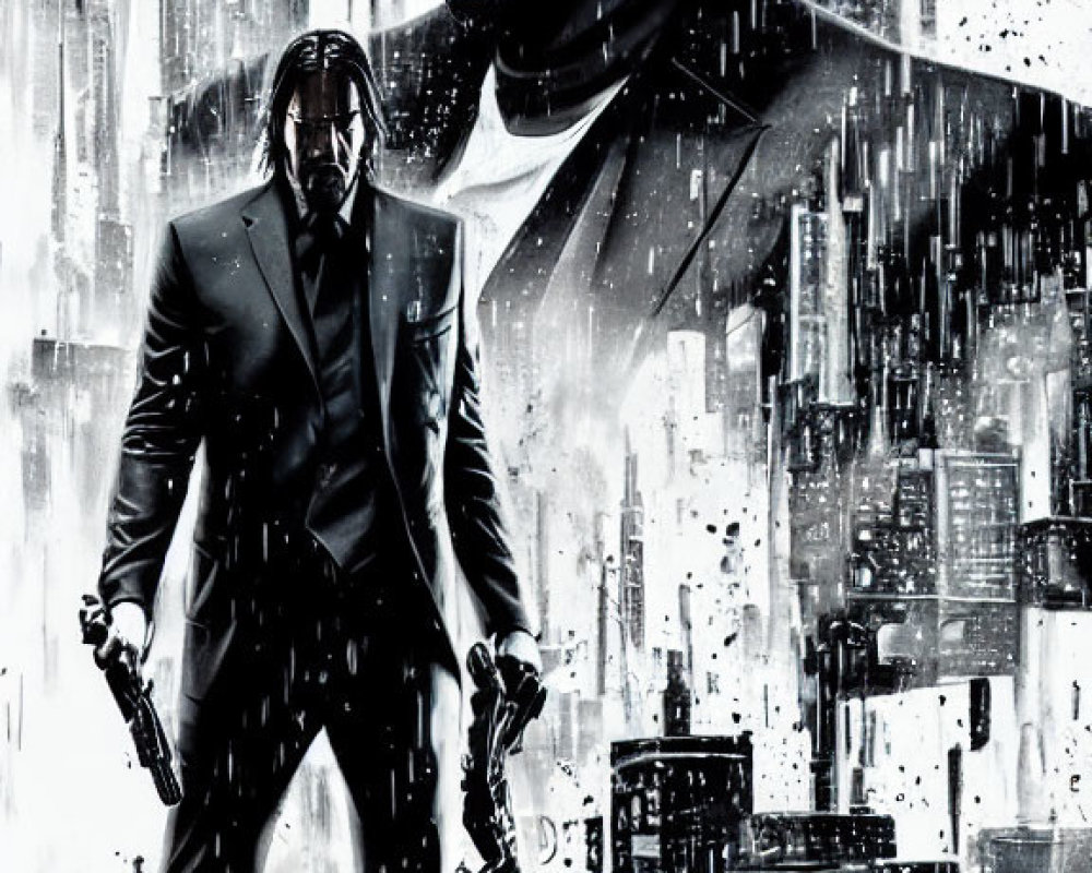 Stylized image of man in black suit with gun in city backdrop.