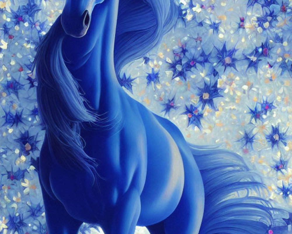 Blue horse with flowing mane among blue flowers: mystical and elegant aura