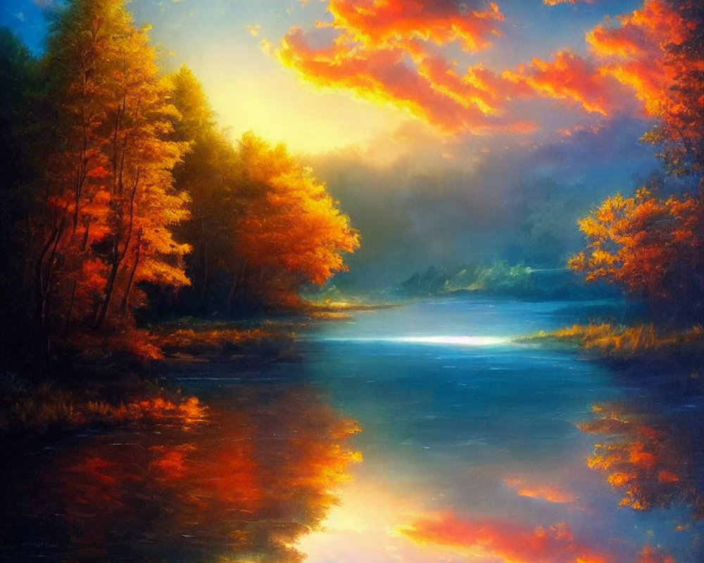 Serene river landscape with autumn trees and orange sunset