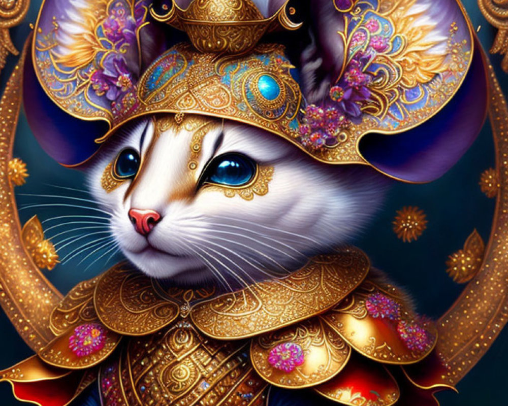 Ornate Cat in Golden Armor with Jewel Embellishments