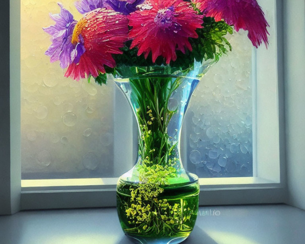 Colorful pink and purple flowers in clear vase on window sill with droplets and sunlight.