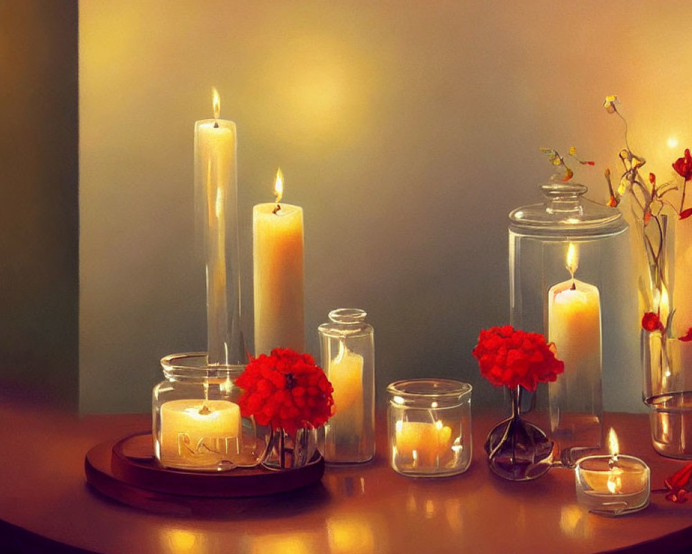 Tranquil still-life painting with assorted lit candles and flowers on a tray