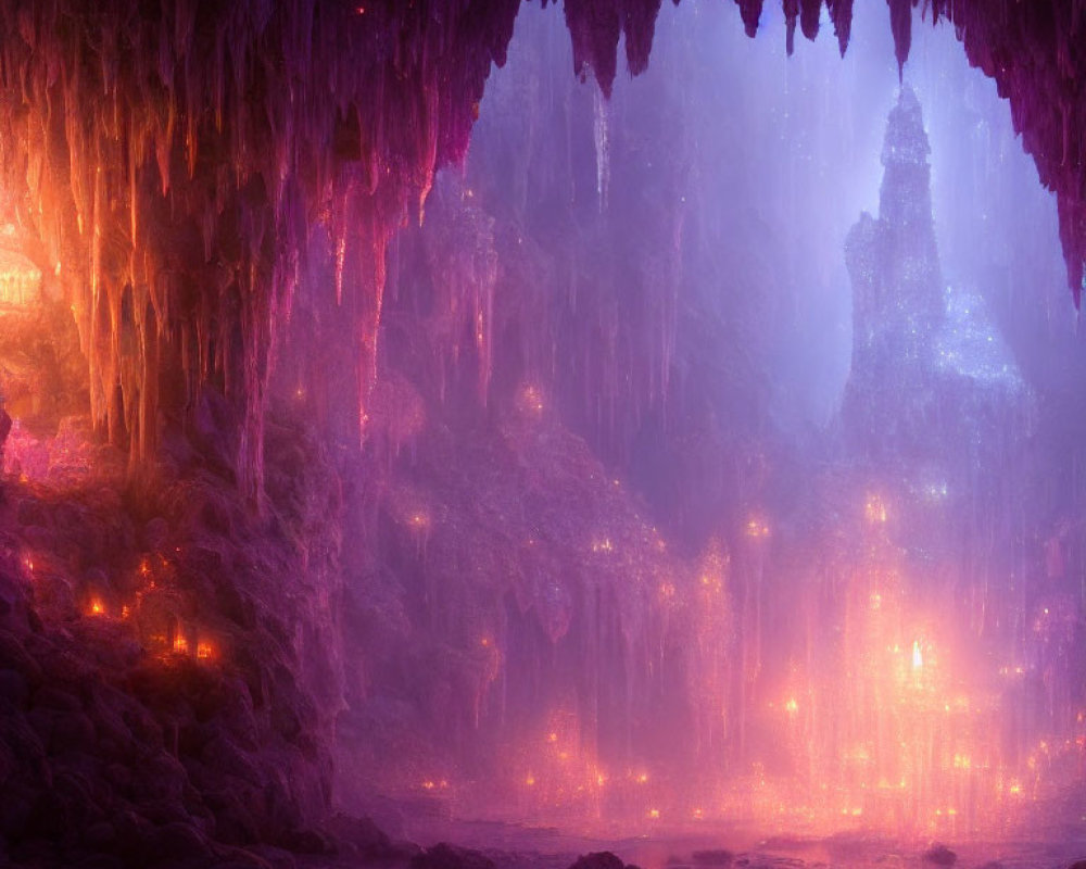 Mystical cave with purple and pink lighting and glowing castle-like structure