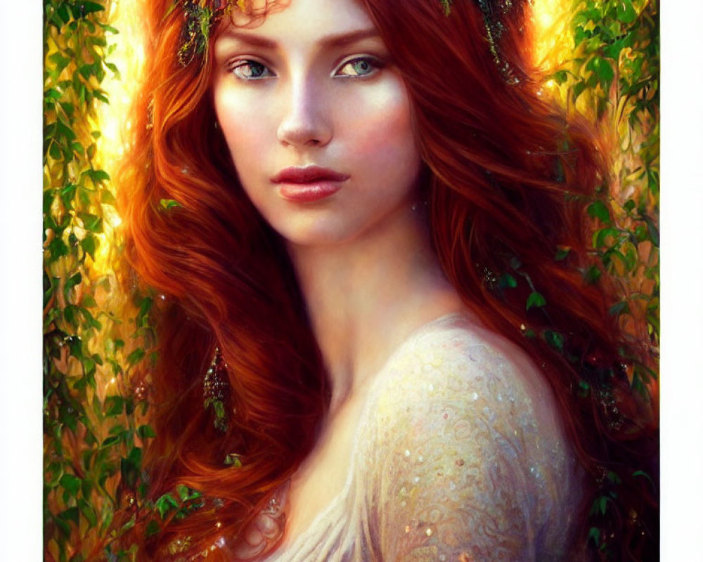 Portrait of woman with red hair and floral wreath in autumn setting