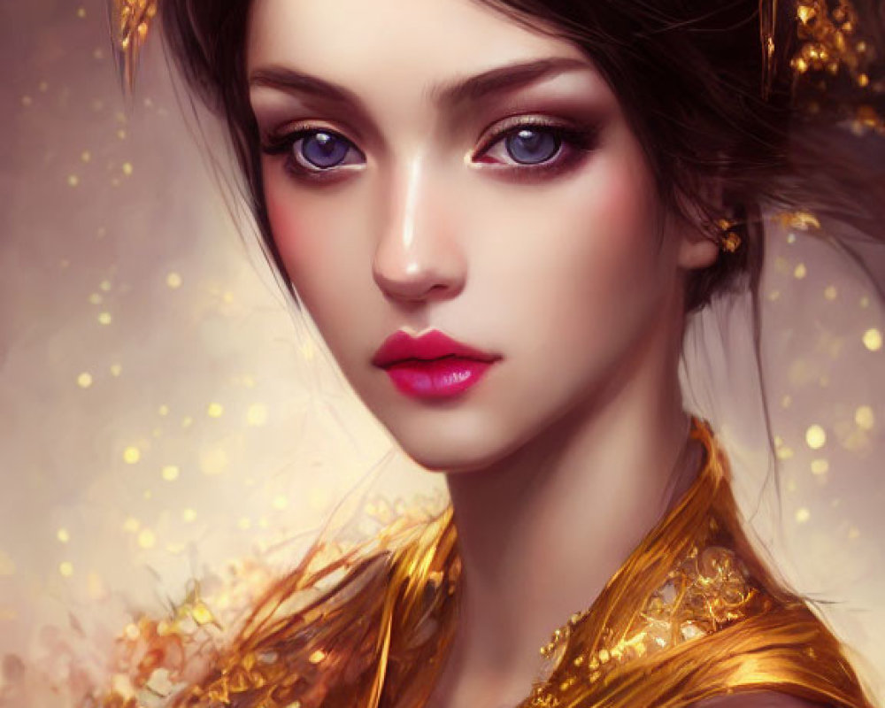 Digital artwork of woman with blue eyes and golden floral accessories on soft bokeh background