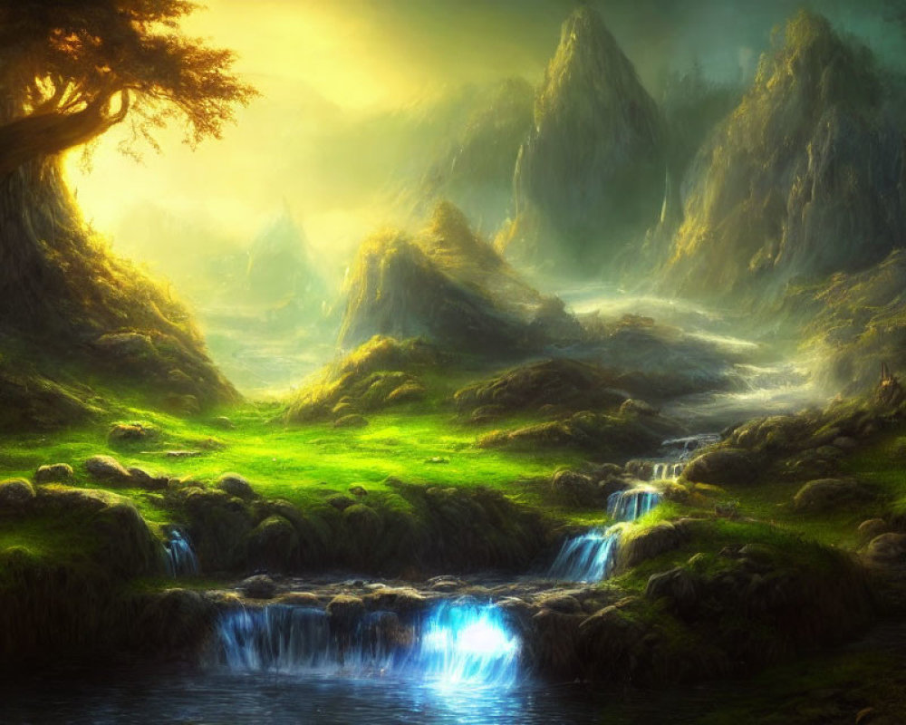 Mystical landscape with greenery, waterfalls, and misty mountains