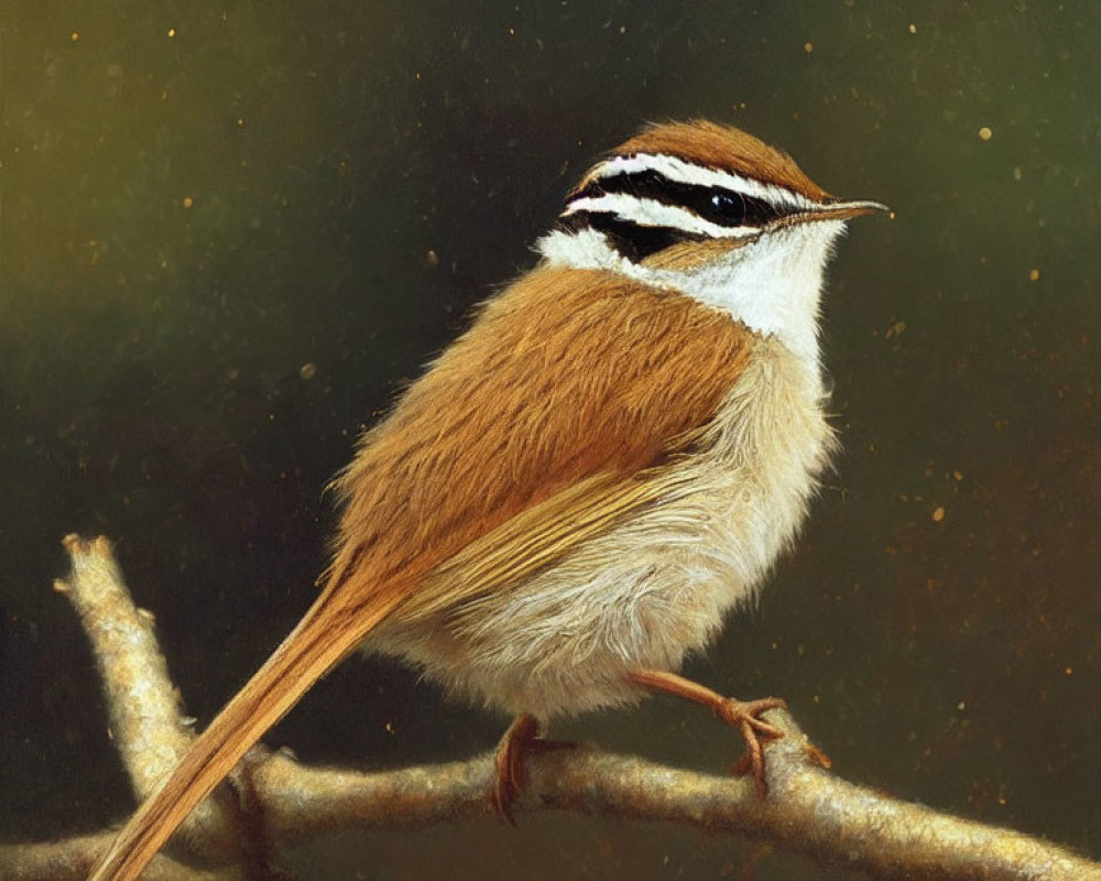 Brown and white bird with black head stripes on branch against dark background