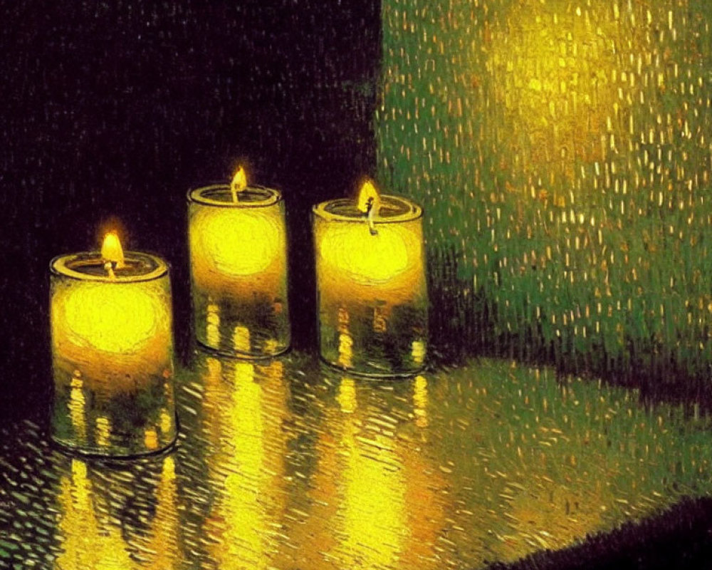 Three lit candles in glass holders casting warm glow on dark textured surface